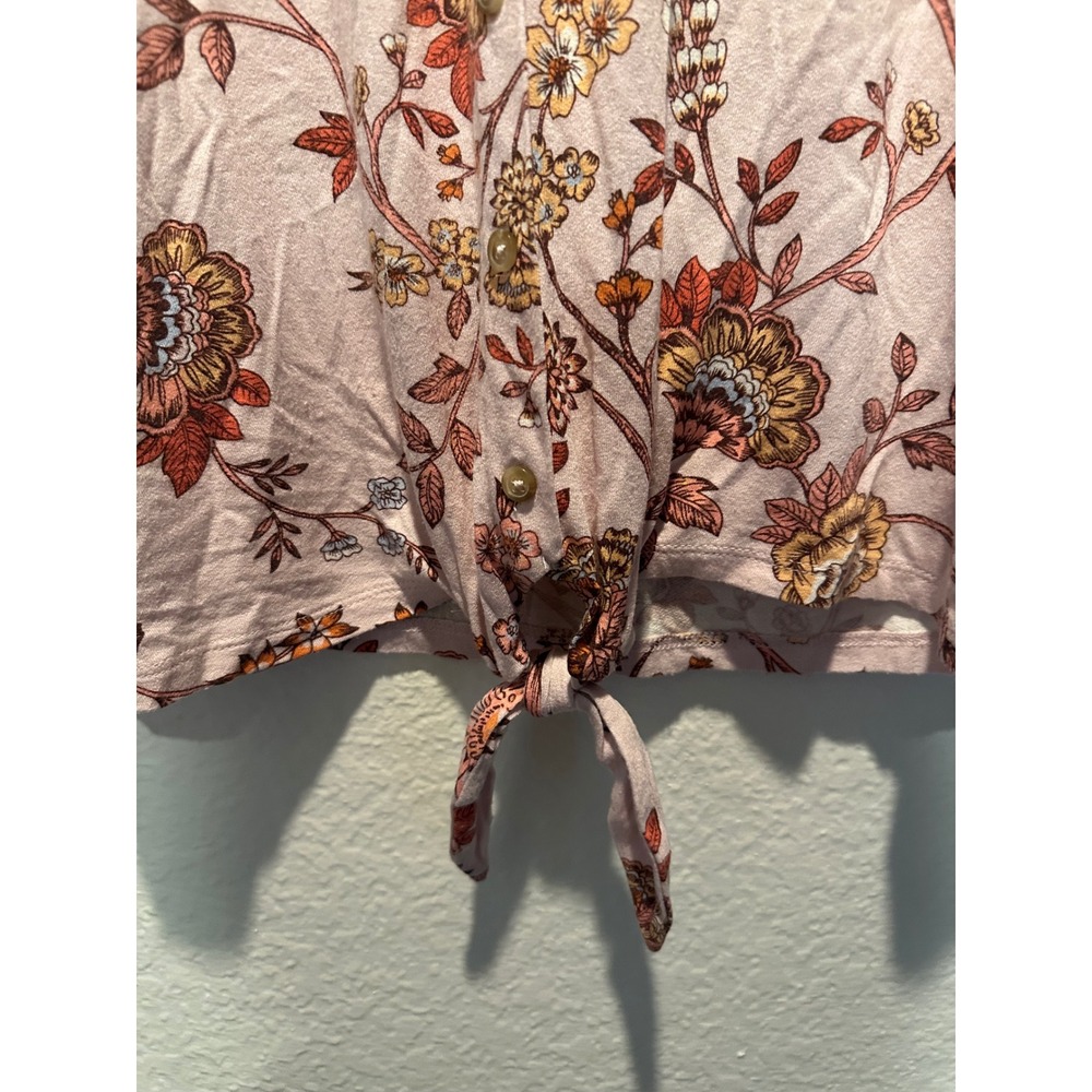 Maurices Pink Floral Button Down Tie Front Flutter Sleeve Top Small - Picture 7 of 13